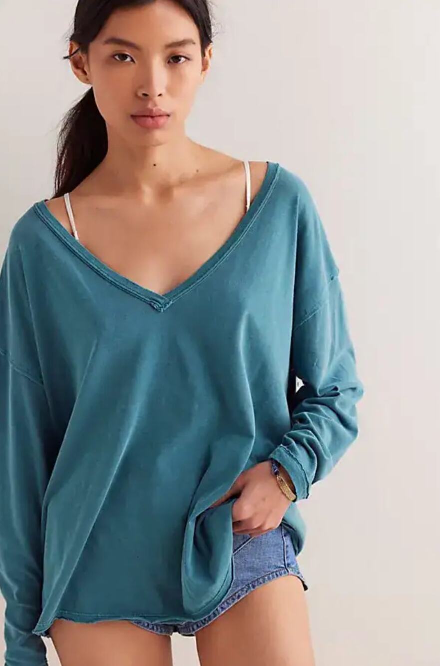 Free People We The Free NINA V-Neck Long-Sleeve Relaxed Tee Top Teal Blue S NWOT